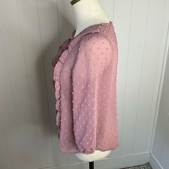 EM Womens Size Small Pullover Blouse Pink Dots Textured Ruffles Long Sleeves - Picture 10 of 14